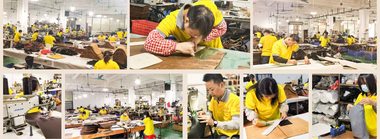 Leather bag manufacturing artisans at work for producing men's bags