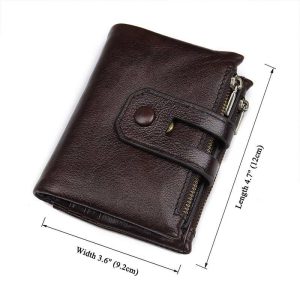 Mens leather wallet with coin pocket front view - size marked