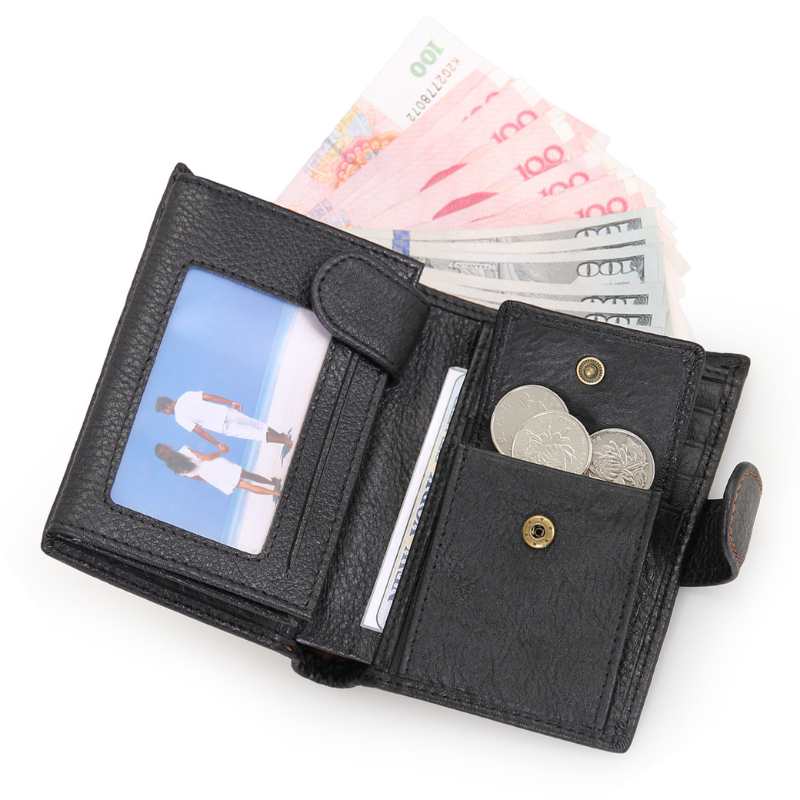 Mens Trifold Leather Wallet with Snap Closure Coin Pocket and Photo Window Mens trifold leather wallet with snap closure coin pocket with snap closure and transparent photo windown view